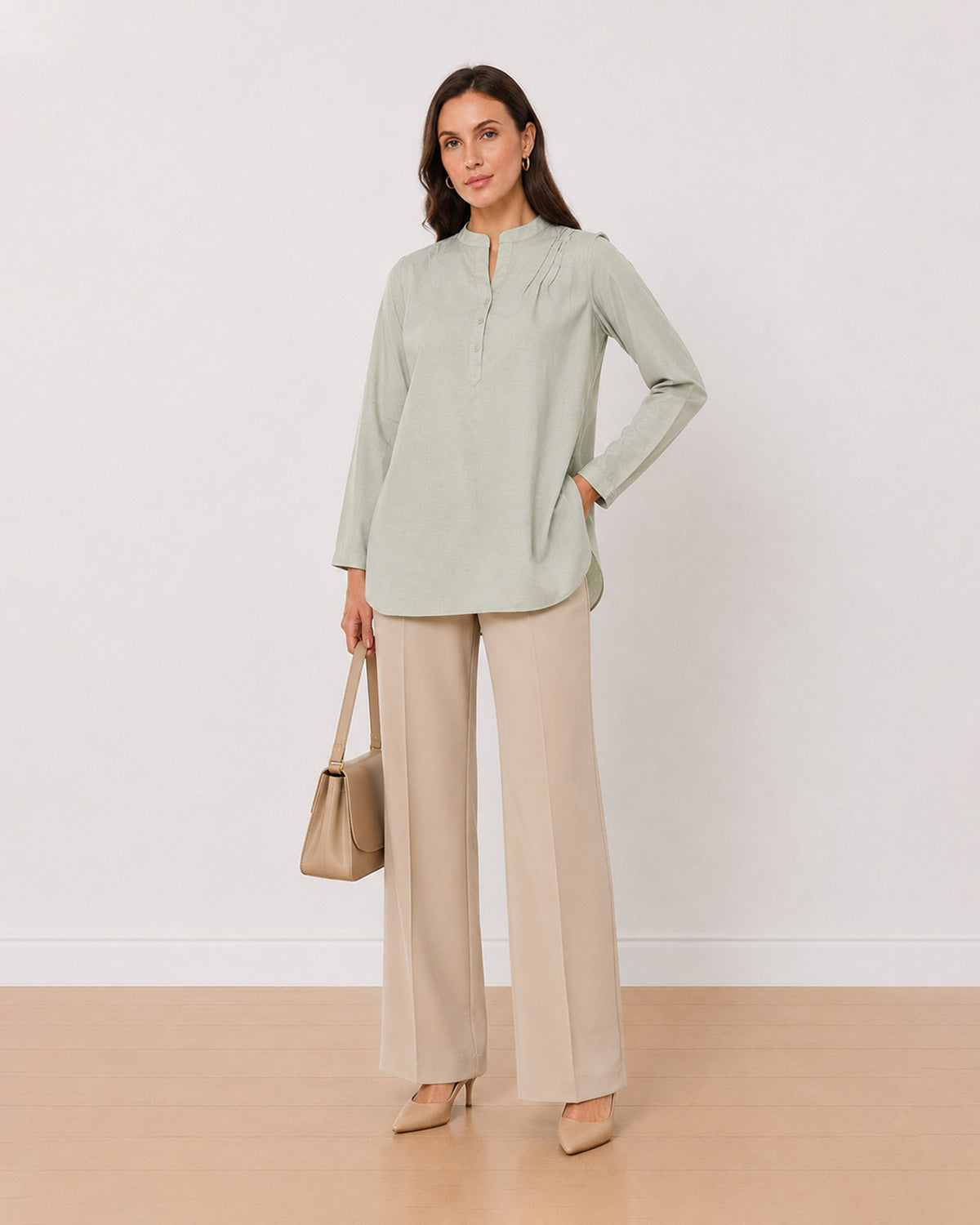 Audrey sage green 100% cotton tunic shirt, angled front view with the long length