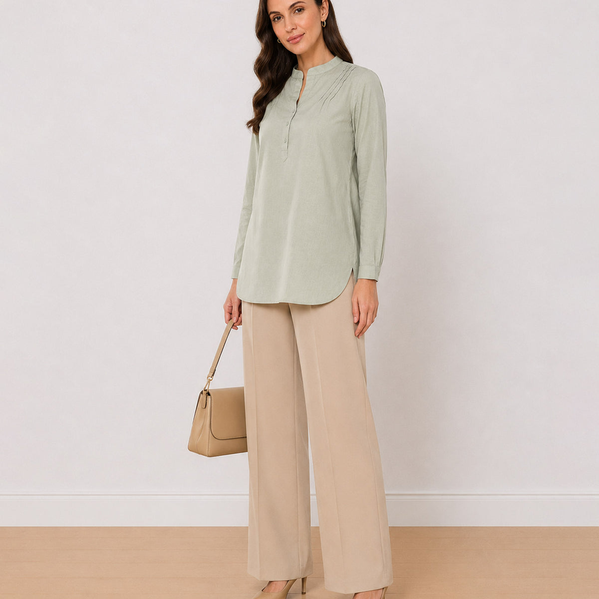 Gazillion Audrey sage green 100% cotton plus size tunic shirt for women, front view