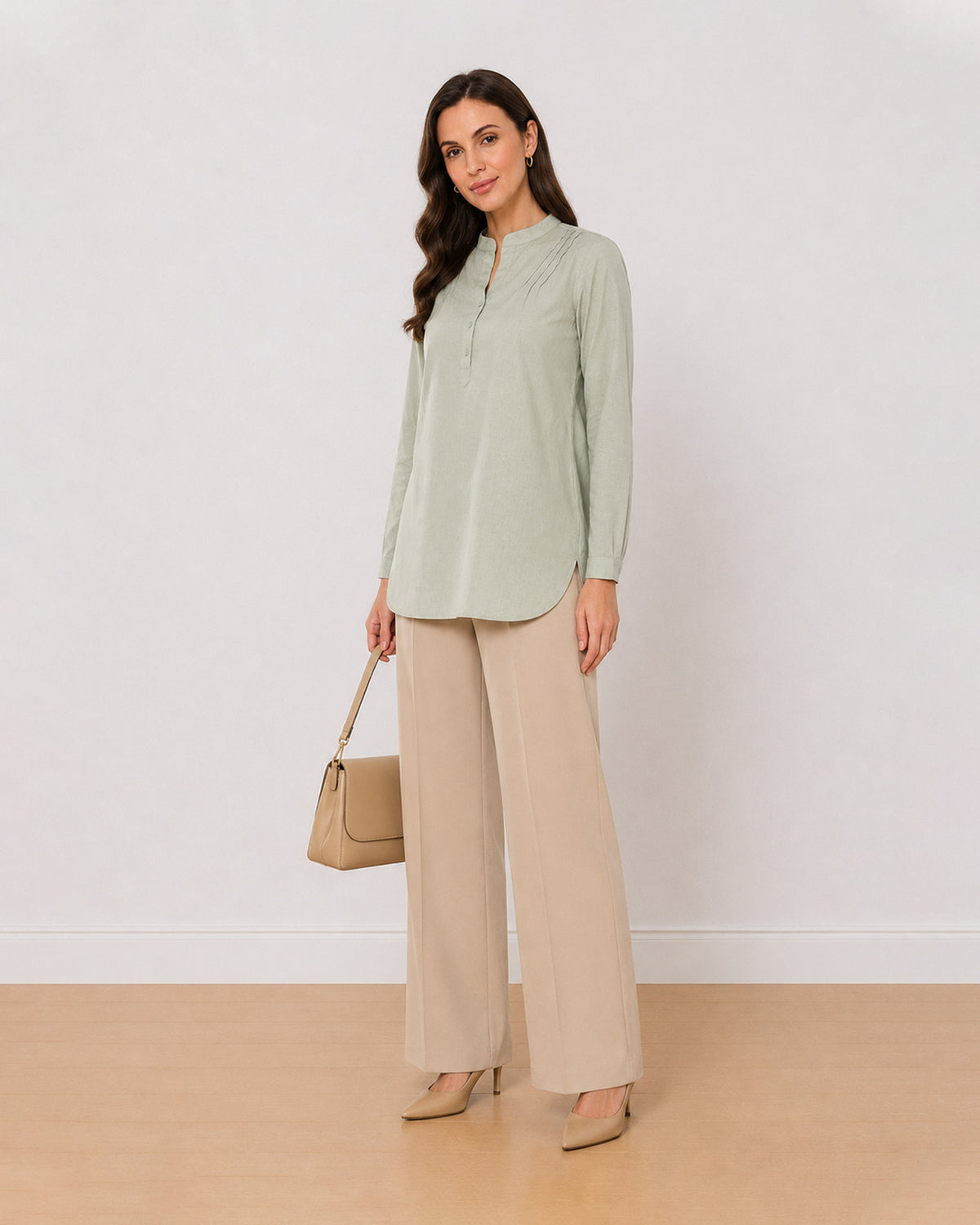Gazillion Audrey sage green 100% cotton plus size tunic shirt for women, front view