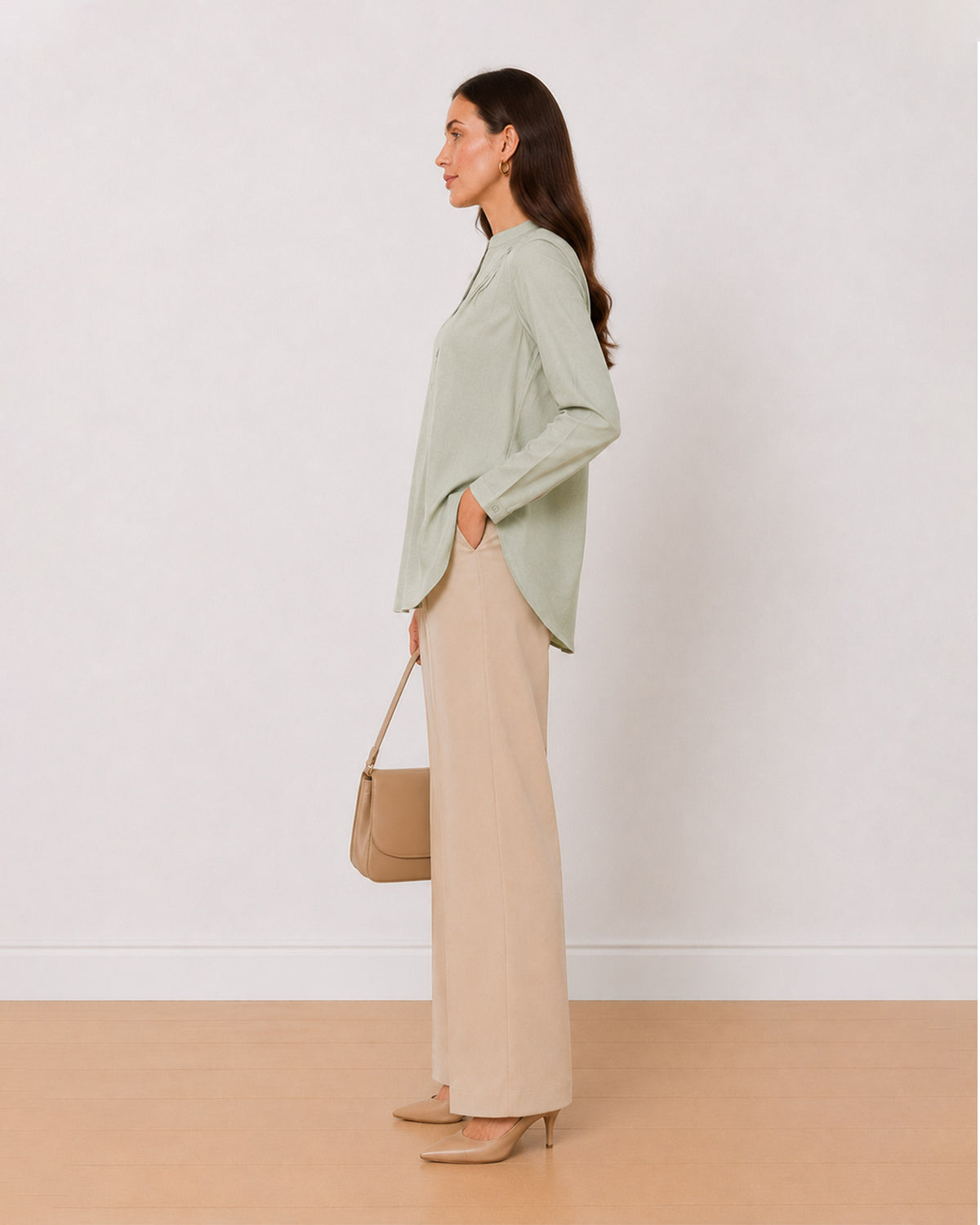 Audrey sage green cotton plus size tunic shirt side profile with full sleeves