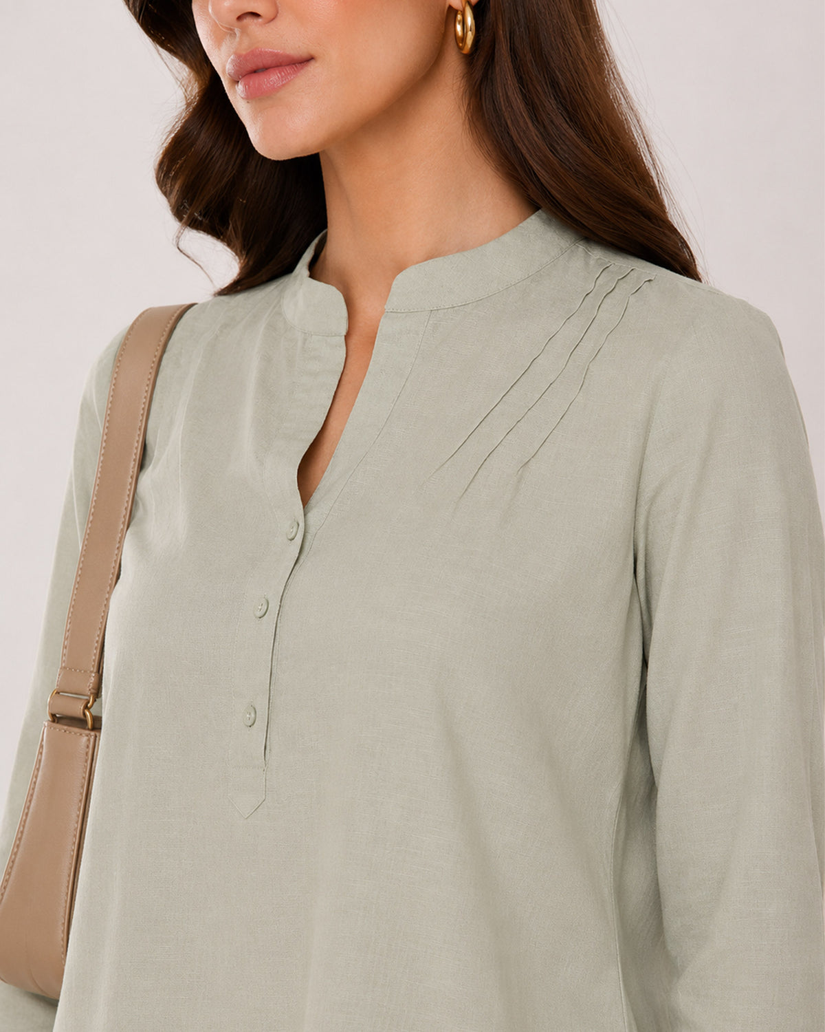 Audrey sage green cotton tunic shirt stand collar, half placket with dignity buttons and shoulder darts