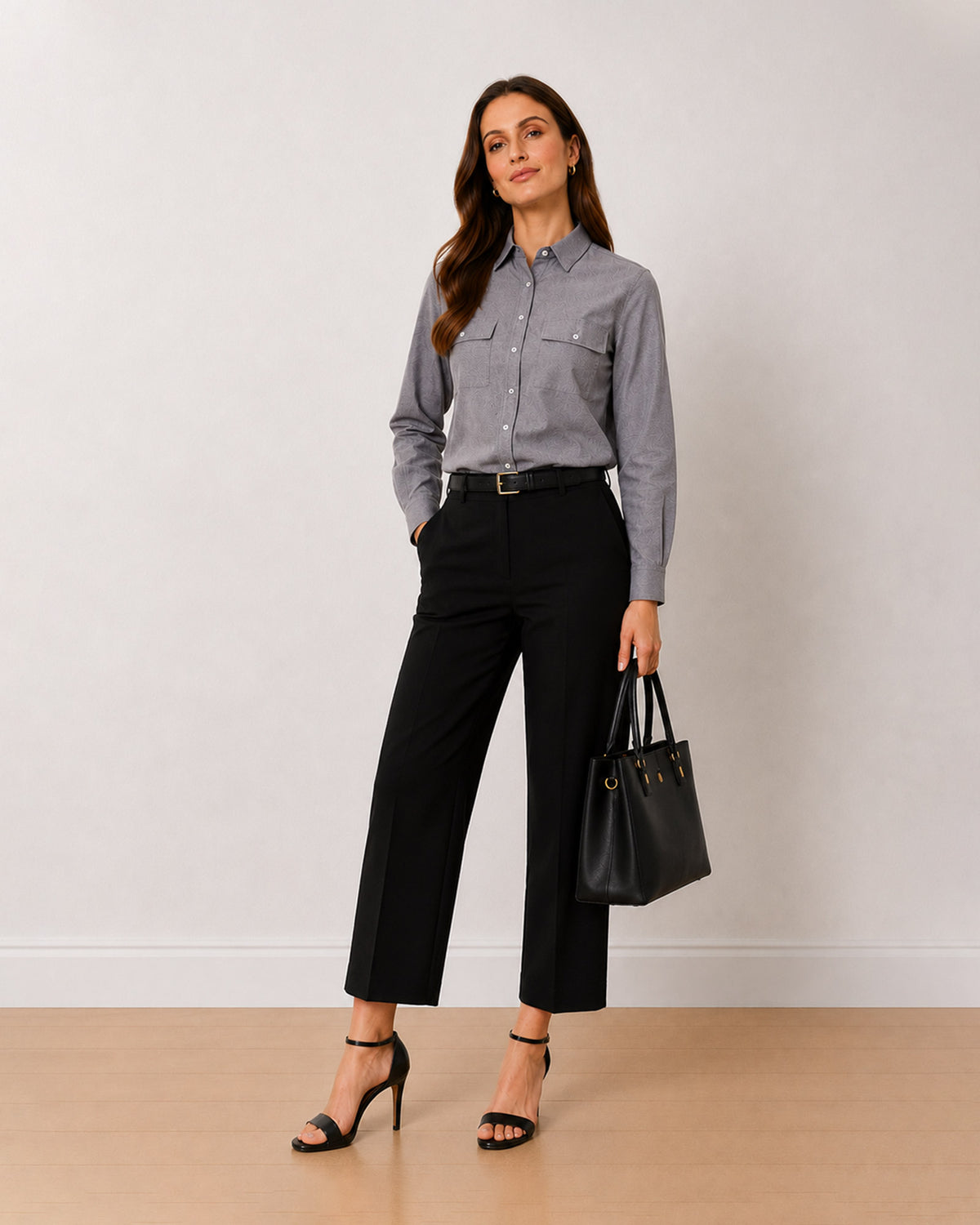 Aura grey Oxford cotton chambray utility shirt, angled front view with pockets