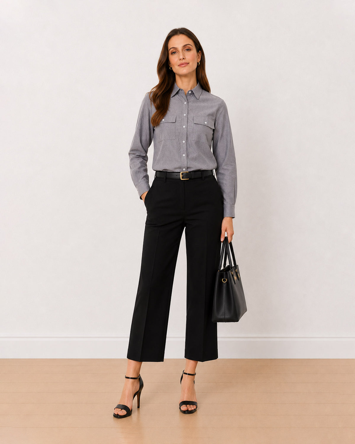 Gazillion Aura grey Oxford cotton chambray utility shirt for women, front view