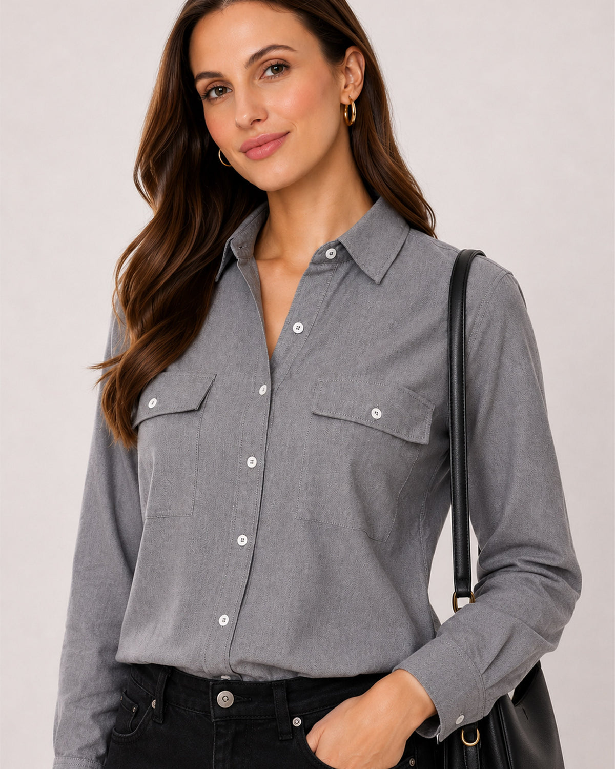 Aura grey chambray shirt placket, utility pocket and hidden dignity buttons