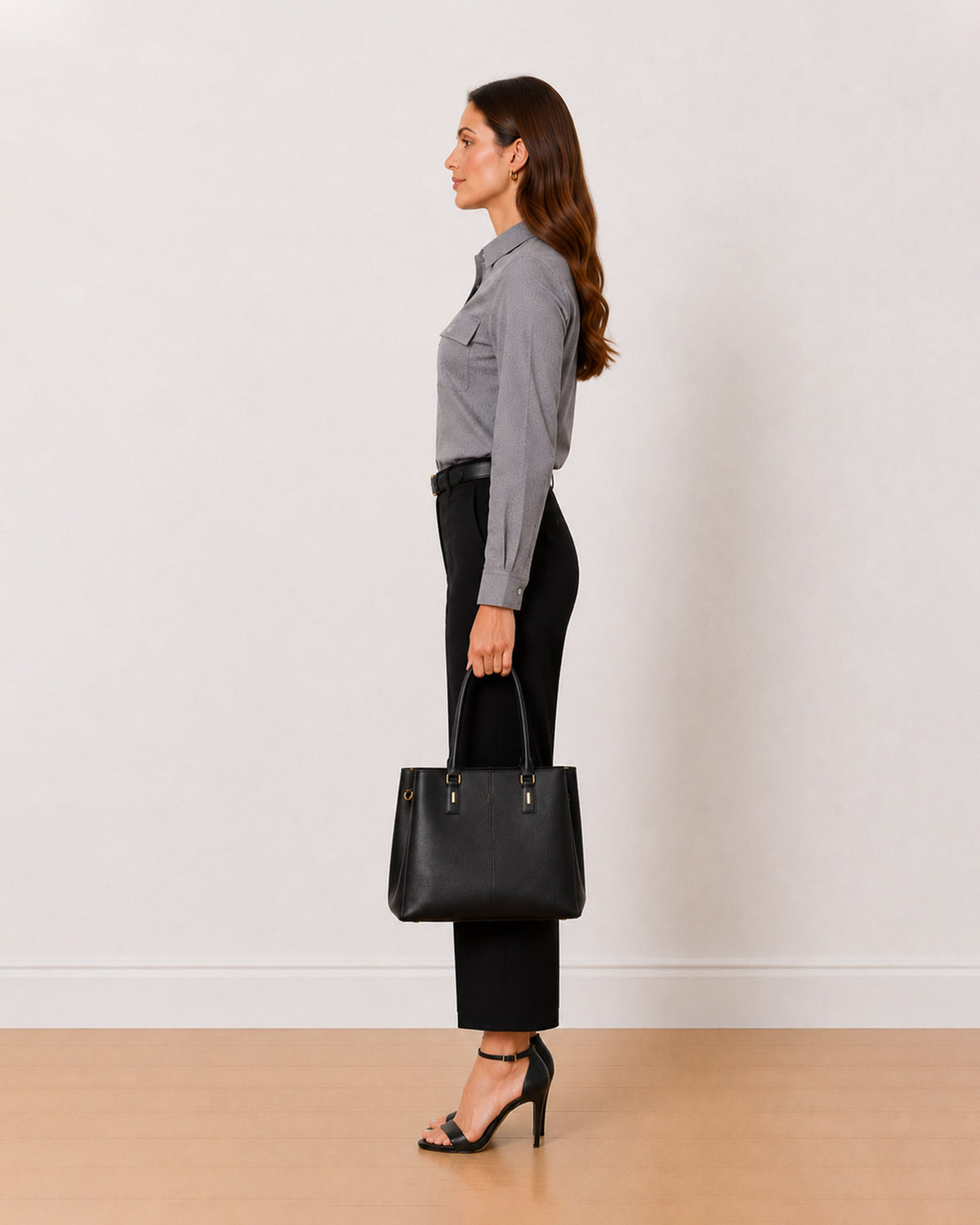 Aura grey Oxford cotton chambray utility shirt side profile with full sleeves