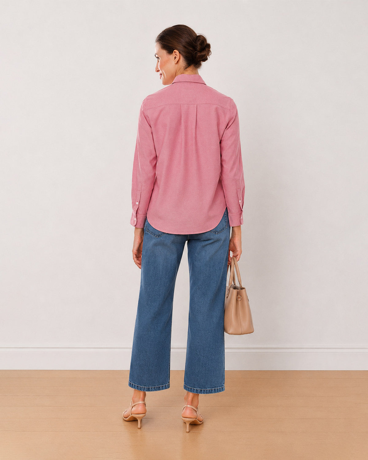 Aura pink 100% Oxford cotton chambray utility shirt back view, long length