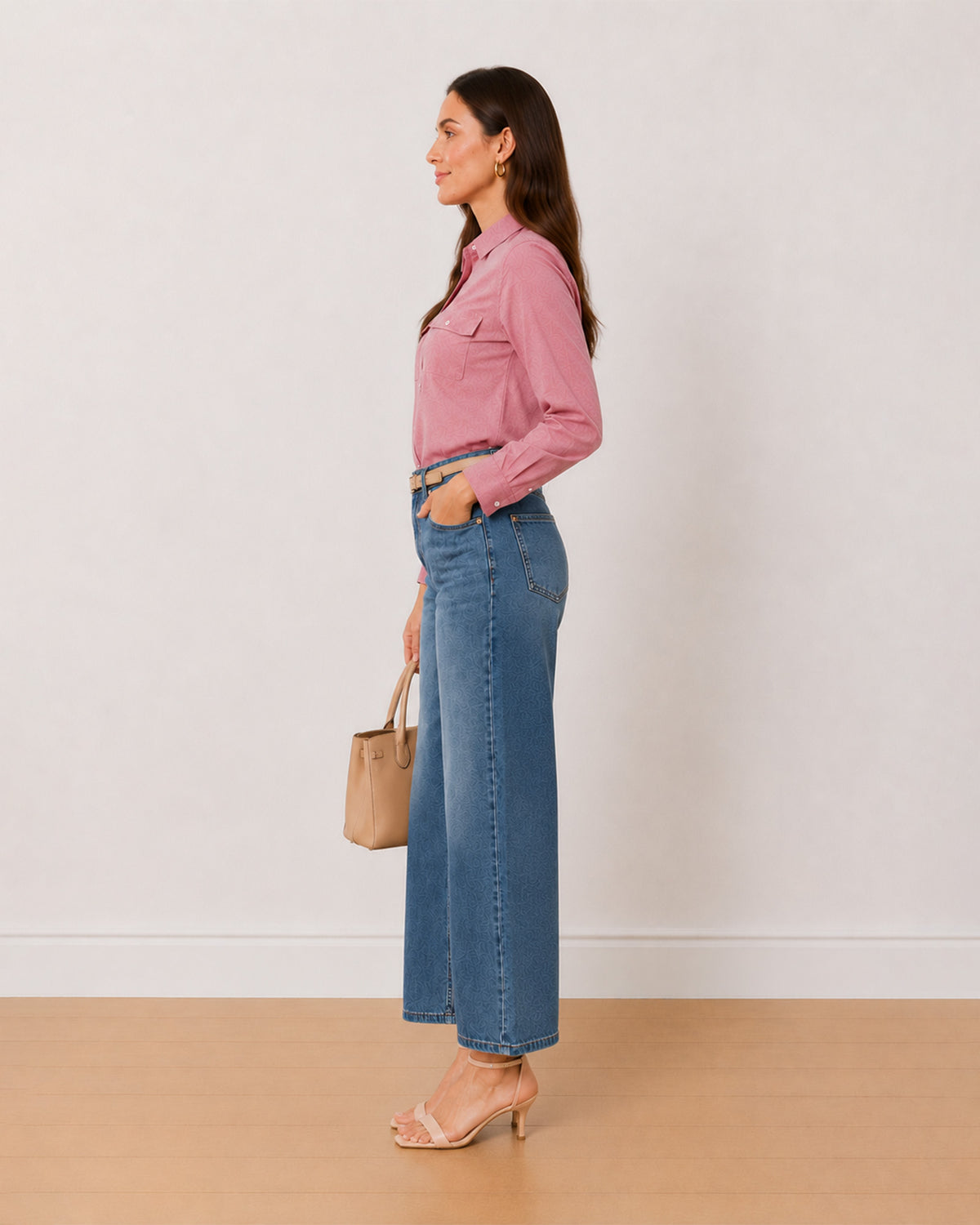 Aura pink Oxford cotton chambray utility shirt side profile with full sleeves
