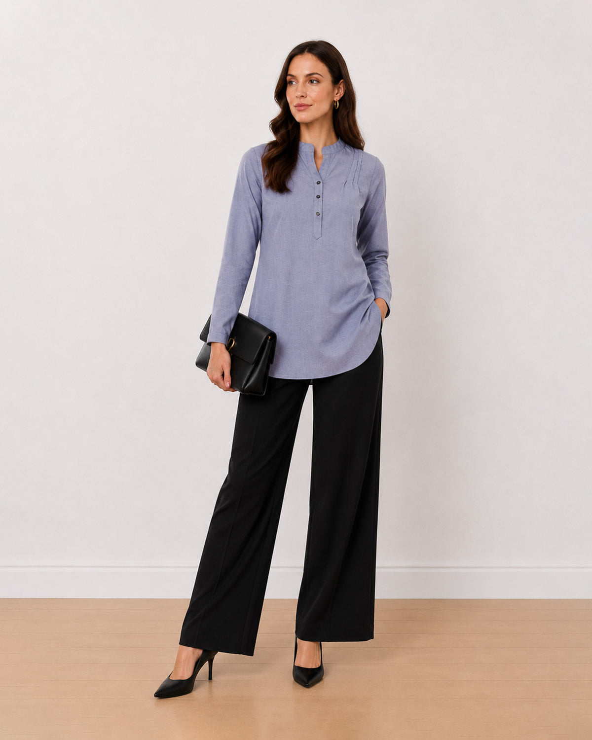 Azzurra blue-grey 100% cotton chambray tunic shirt, angled front view, long length