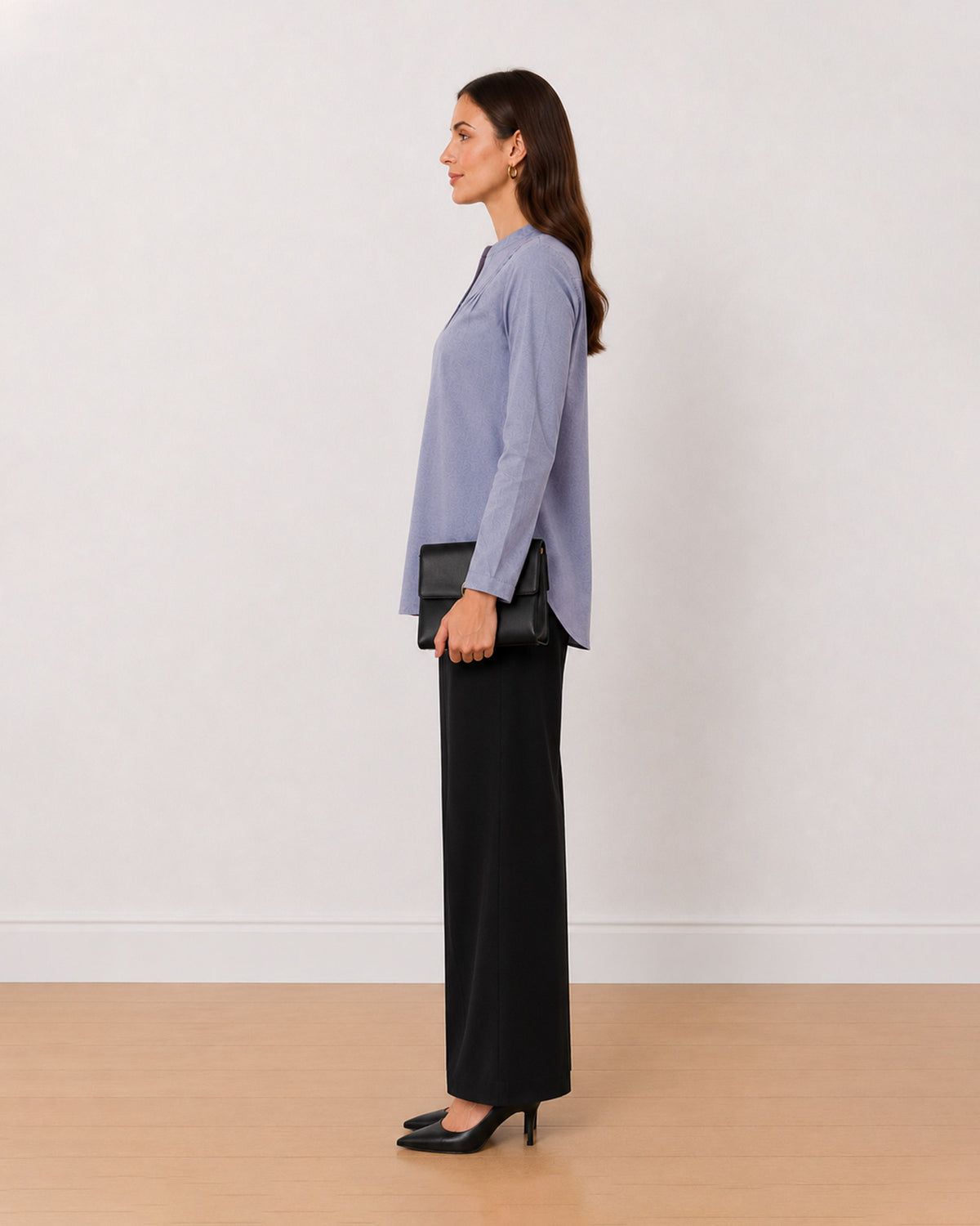 Azzurra blue-grey cotton chambray plus size tunic shirt side profile, curved hem