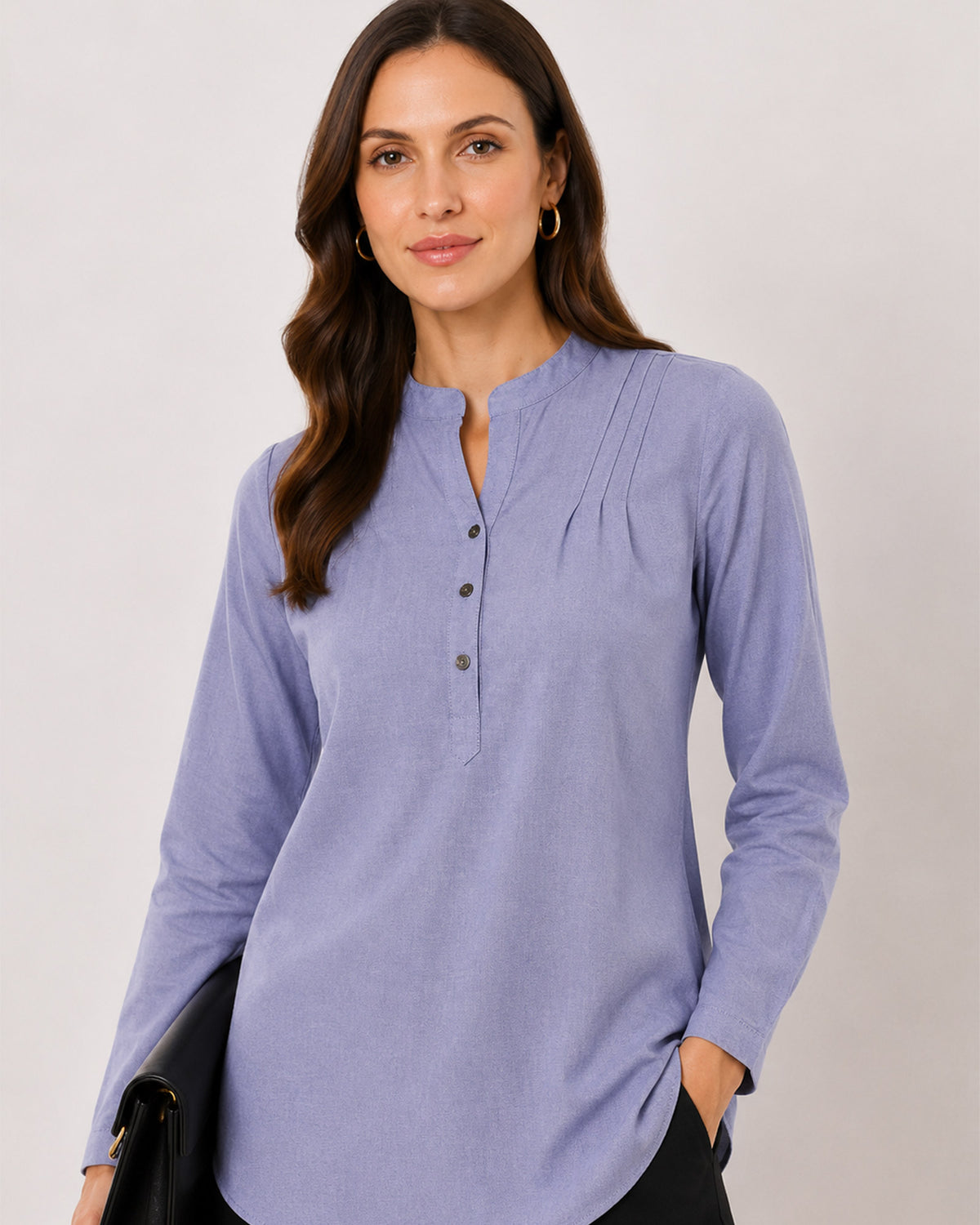 Azzurra blue-grey chambray tunic shirt waist up front with the half placket