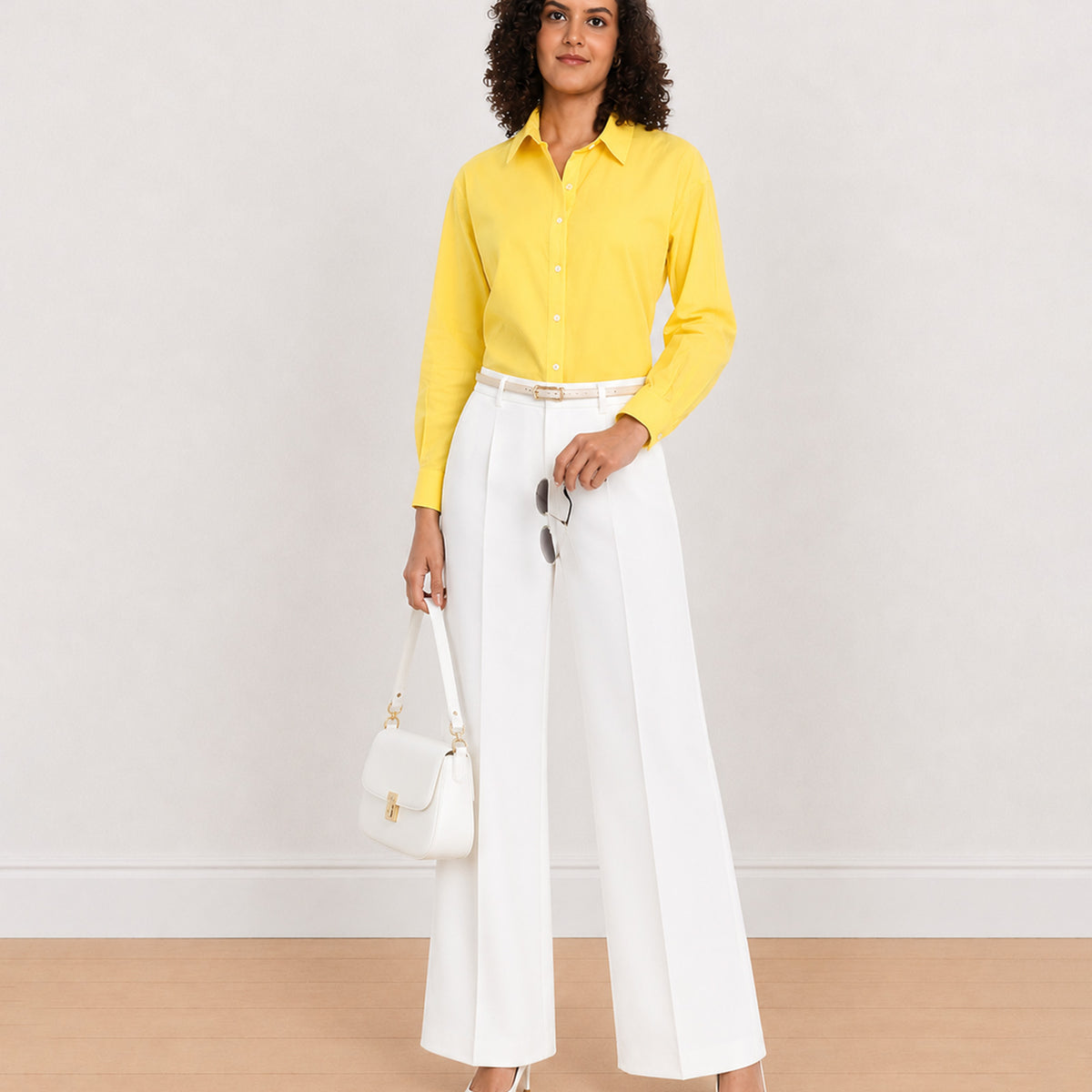 Gazillion Bali bright yellow 100% cotton poplin shirt for women, full length front with curved hem