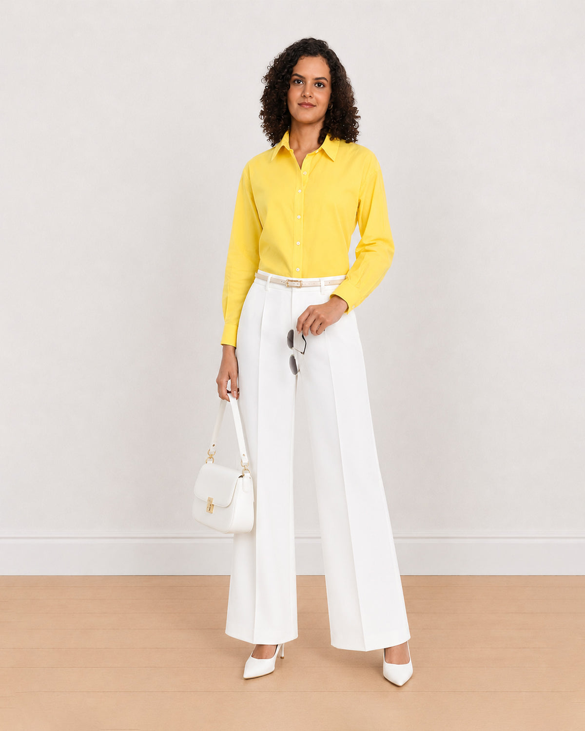 Gazillion Bali bright yellow 100% cotton poplin shirt for women, full length front with curved hem