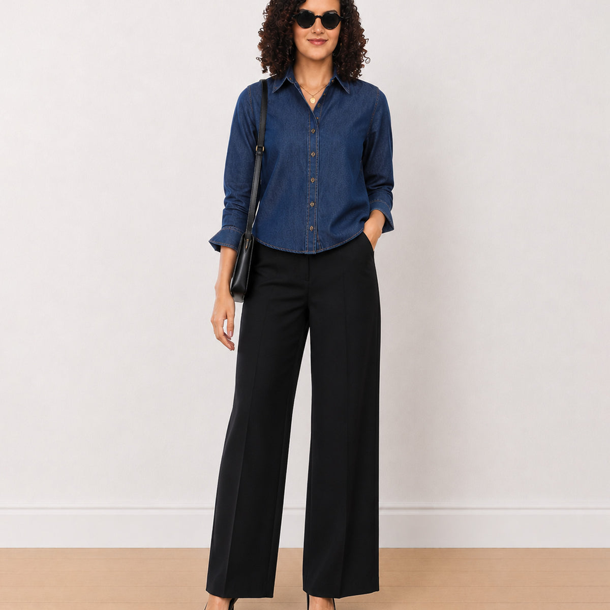Gazillion Banita medium blue denim shirt for women, full length front view with the long curved hem