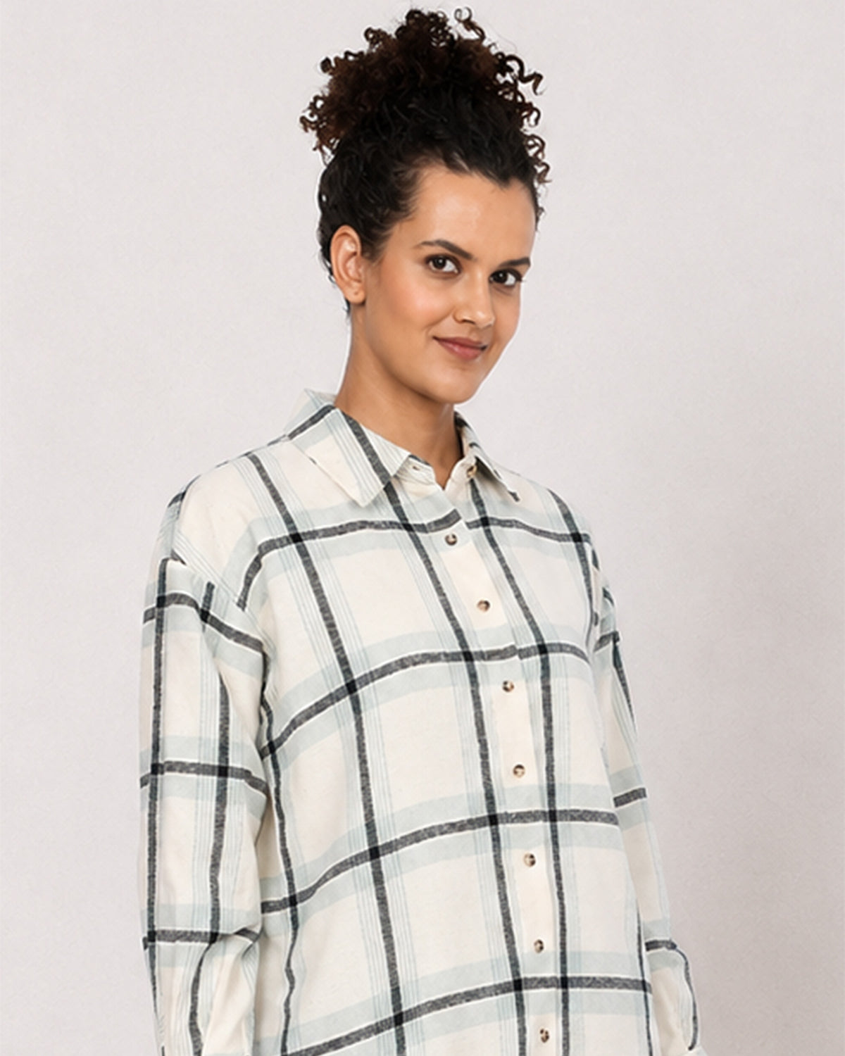 Barbara powder blue 100% cotton brushed checks shirt front detail with full sleeves