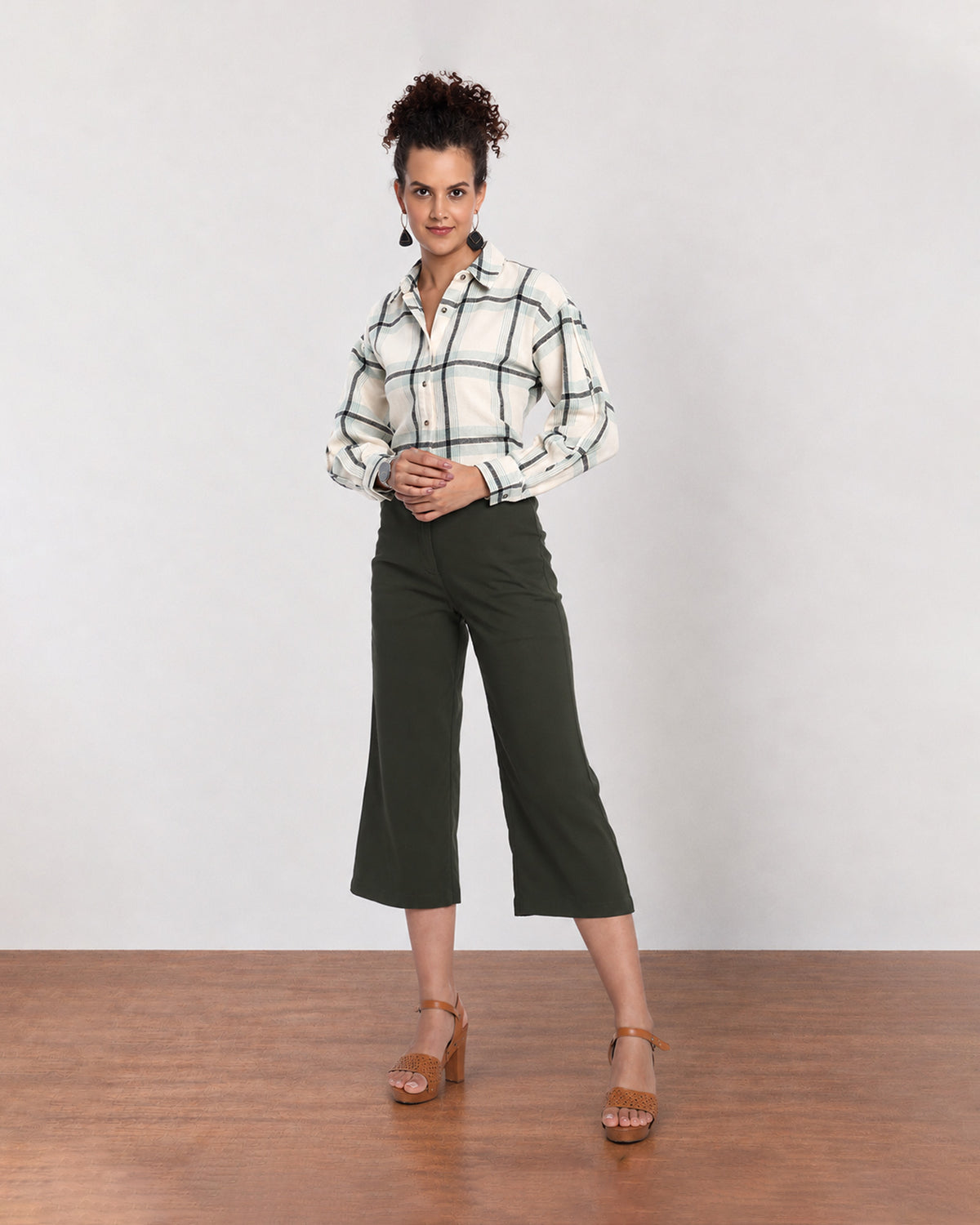 Barbara sage green brushed cotton checks shirt worn loose with the long curved hem