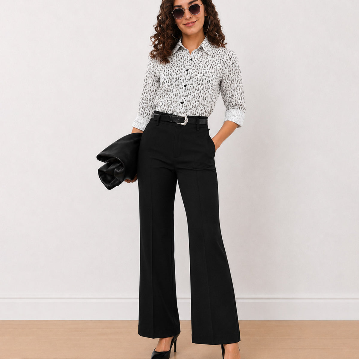 Gazillion Barilla black and white floral print 100% cotton shirt for women, front with curved hem