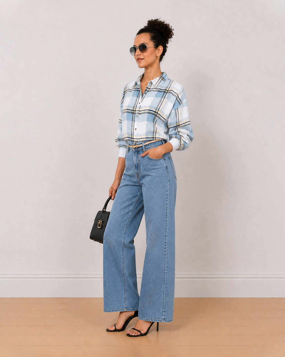 Beatrice powder blue checks oversized shirt, angled front view with the drop shoulder