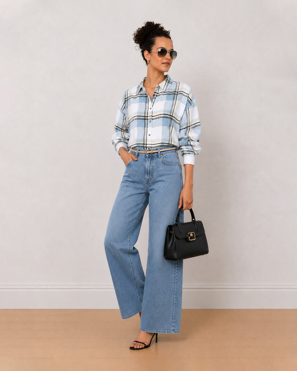 Beatrice powder blue brushed cotton checks shirt worn loose with the curved hem