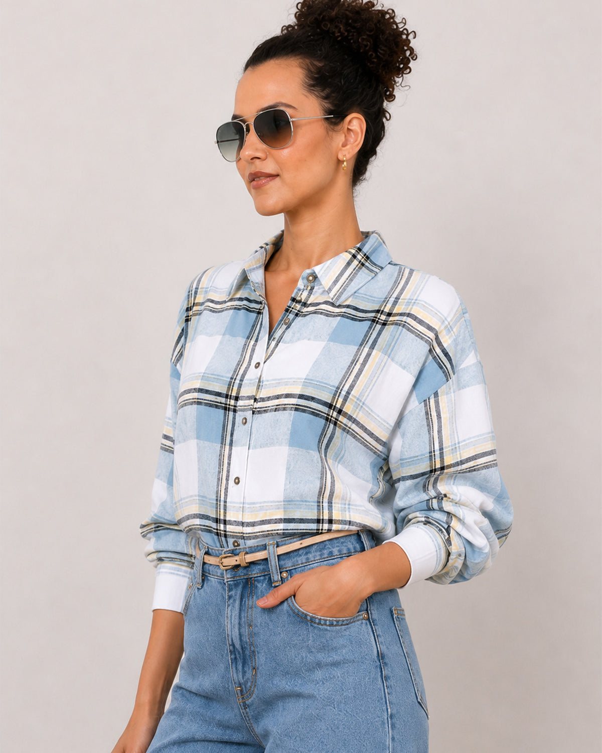 Beatrice powder blue checks shirt front detail with the sleeves rolled back