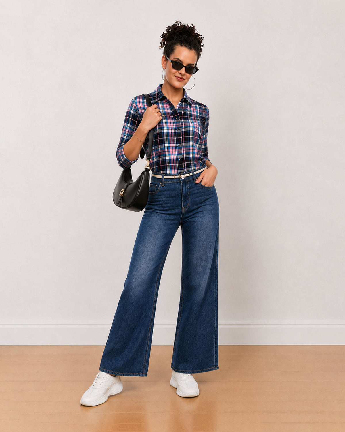 Beauty pink and black checks shirt, angled front view with the curved hem