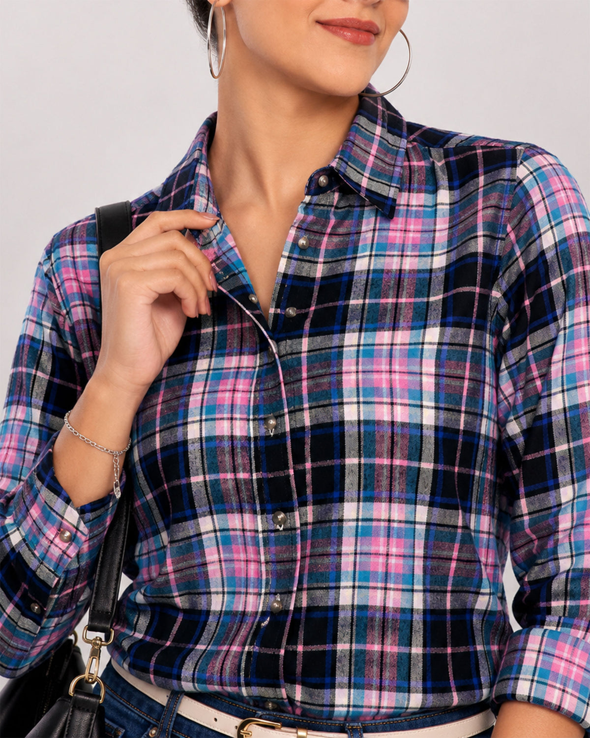 Beauty pink and black checks collar and placket with hidden dignity buttons