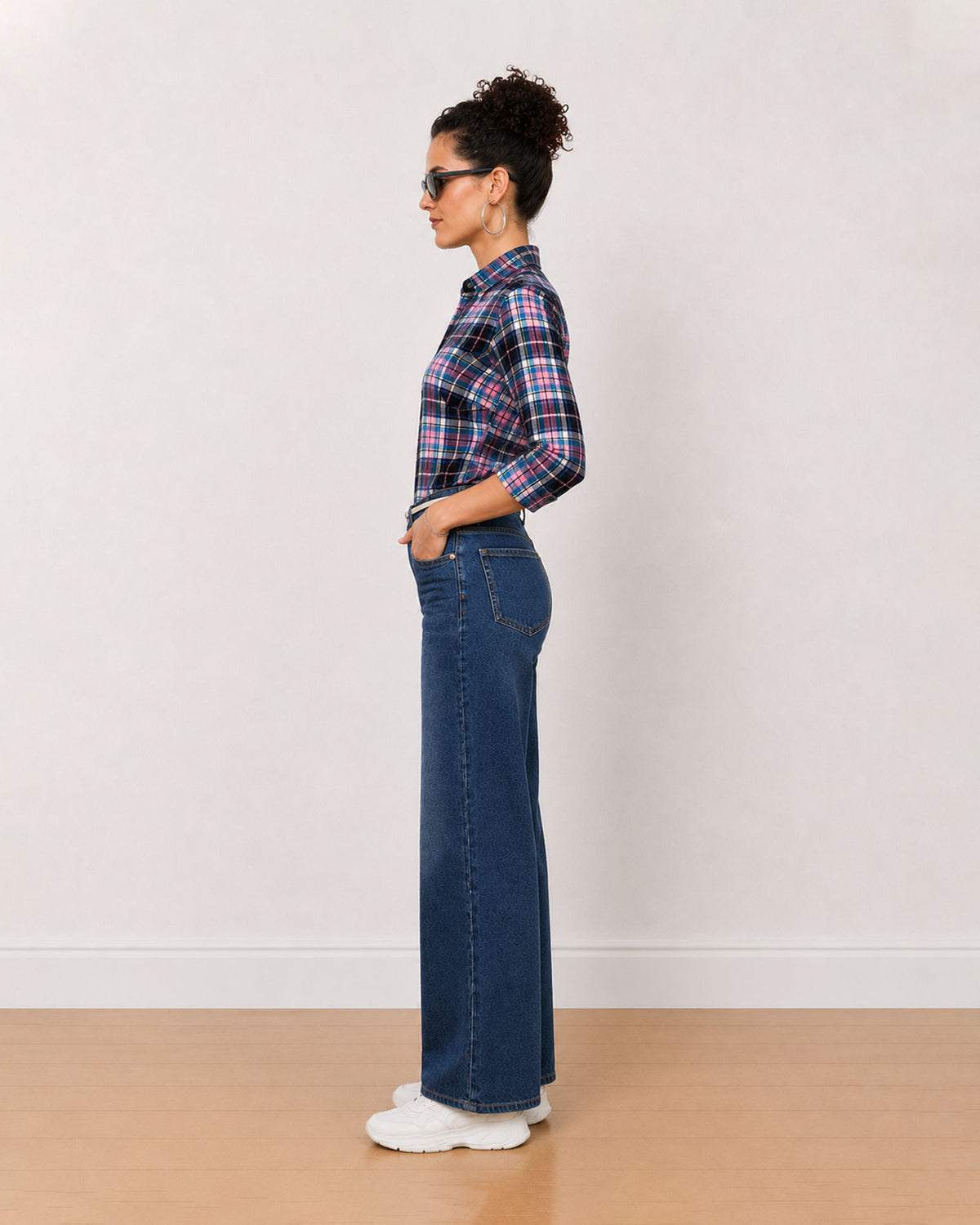 Beauty pink and black checks office shirt side view with the curved hem