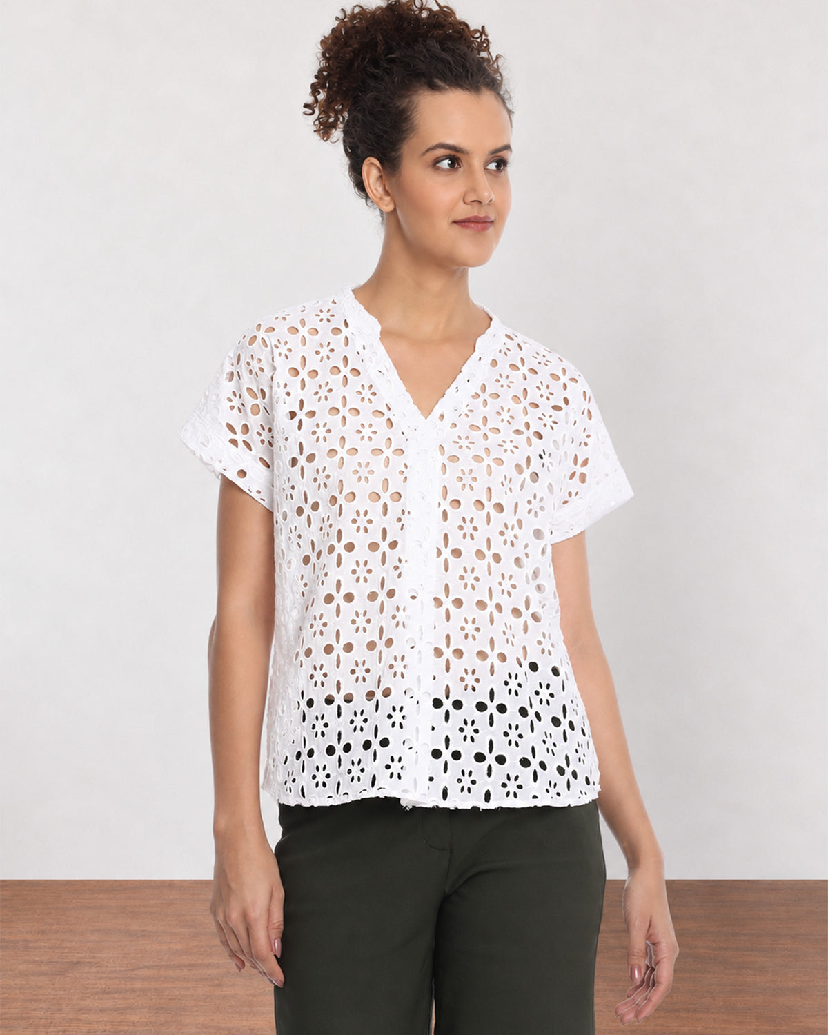 Belinda white schiffli lace top front detail, boxy fit with extended shoulders