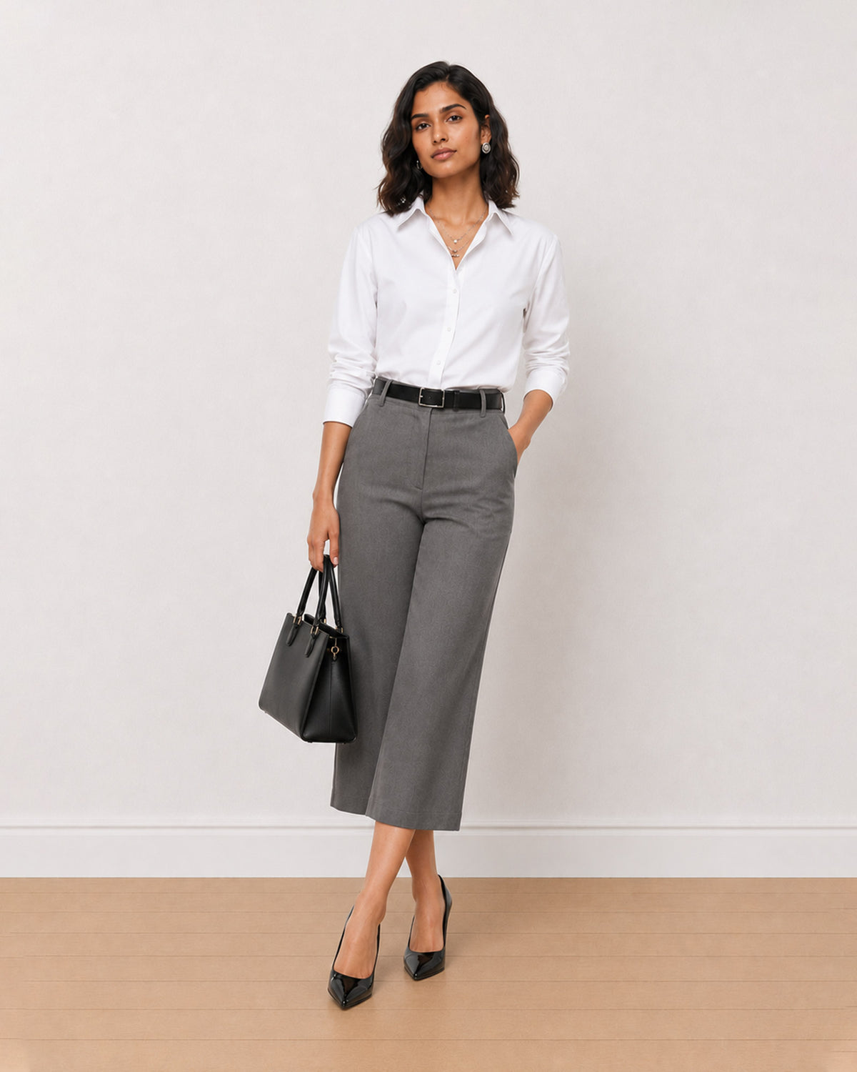 Bella grey loose fit 3/4th straight pants, front view in mid calf straight length