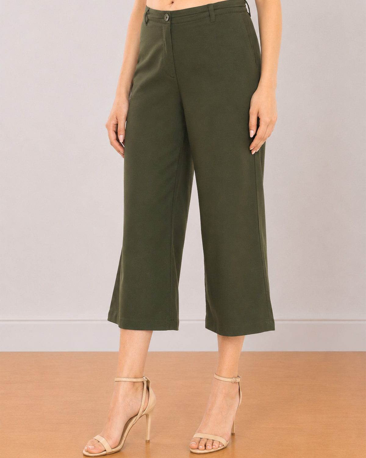 Bella olive green medium waist pants front detail with the wide mid calf straight leg