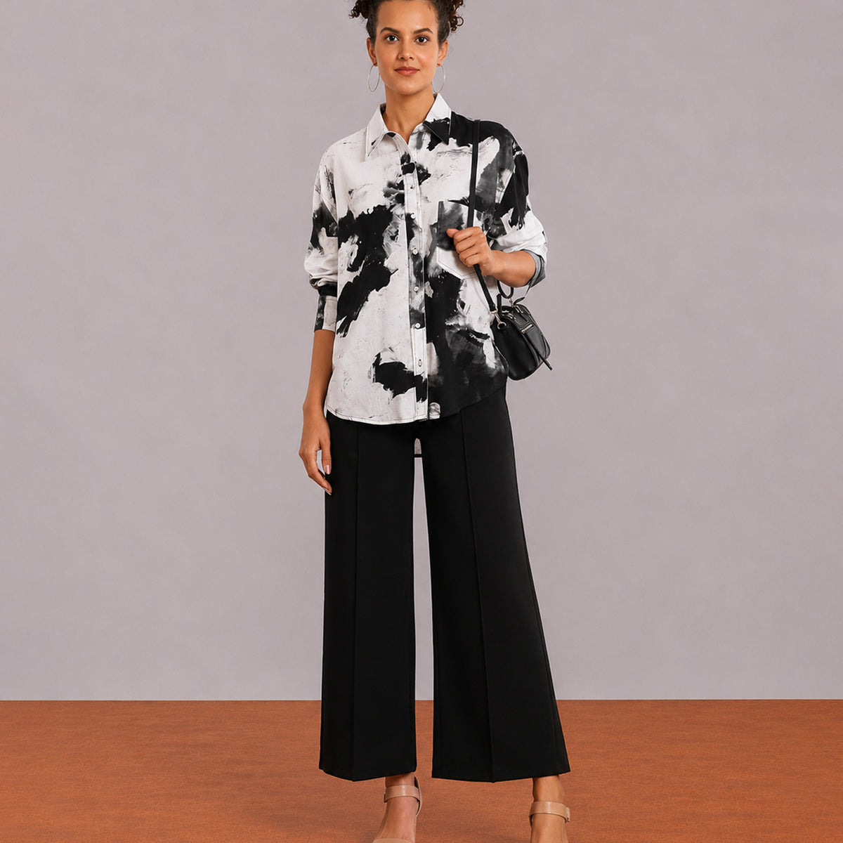 Gazillion Benna black and white viscose linen oversized shirt for women, front with curved hem