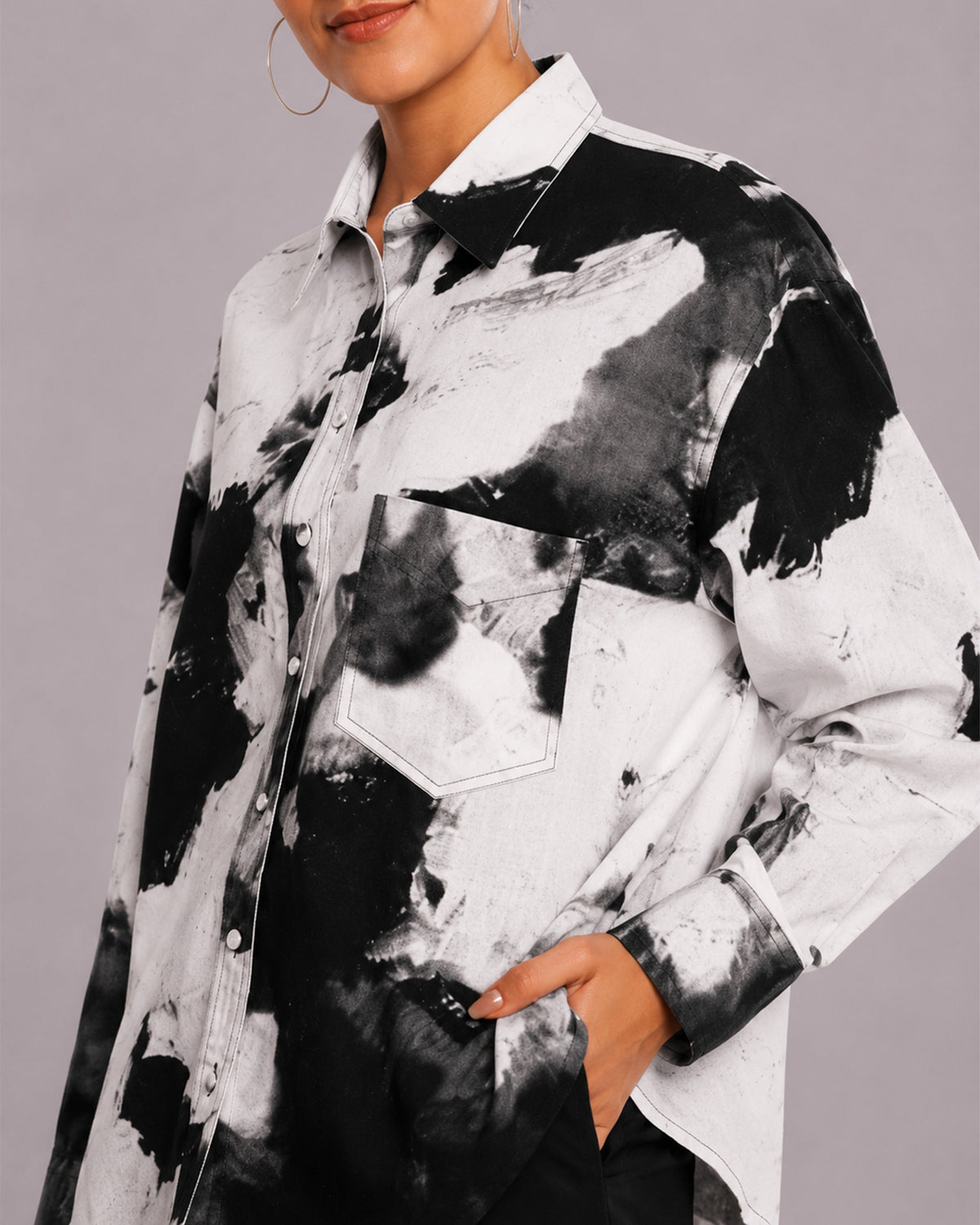 Benna black and white floral print shirt chest pocket and hidden dignity buttons
