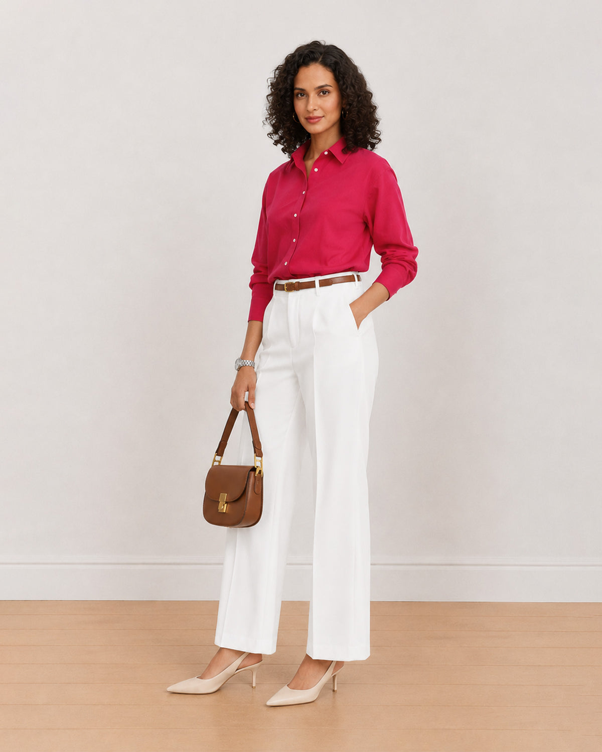 Gazillion Berry bright pink 100% cotton poplin shirt for women, full length front view