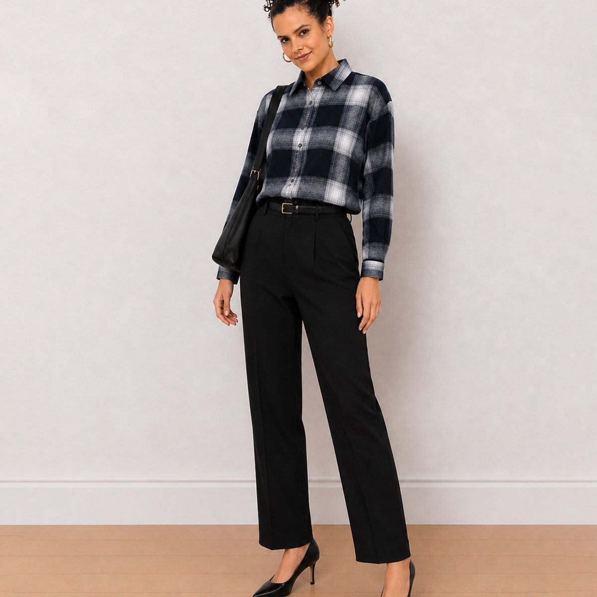 Gazillion Bianca navy blue checks oversized cotton shirt for women, full length front view