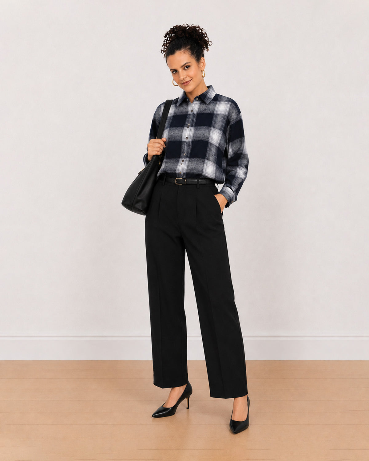 Bianca navy blue checks oversized shirt worn loose, front view of the drop shoulder