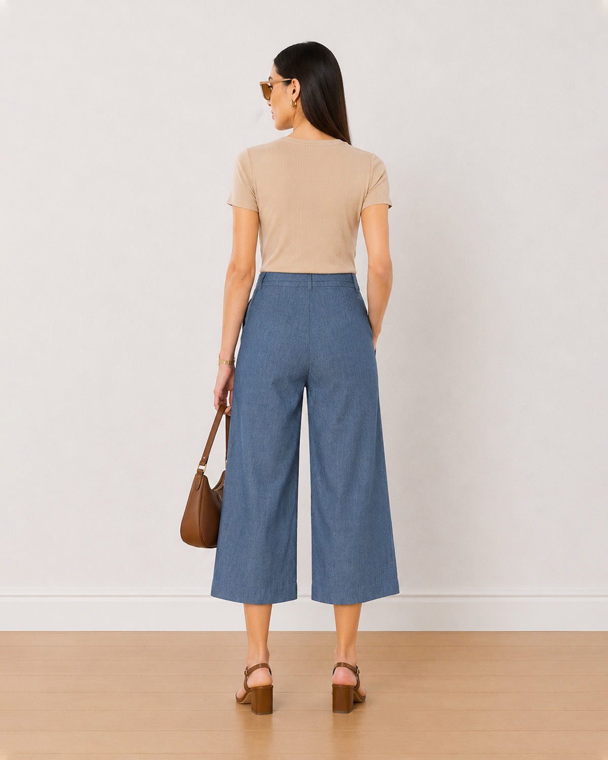 Bliss denim blue high waisted 3/4th straight pants back view with straight leg