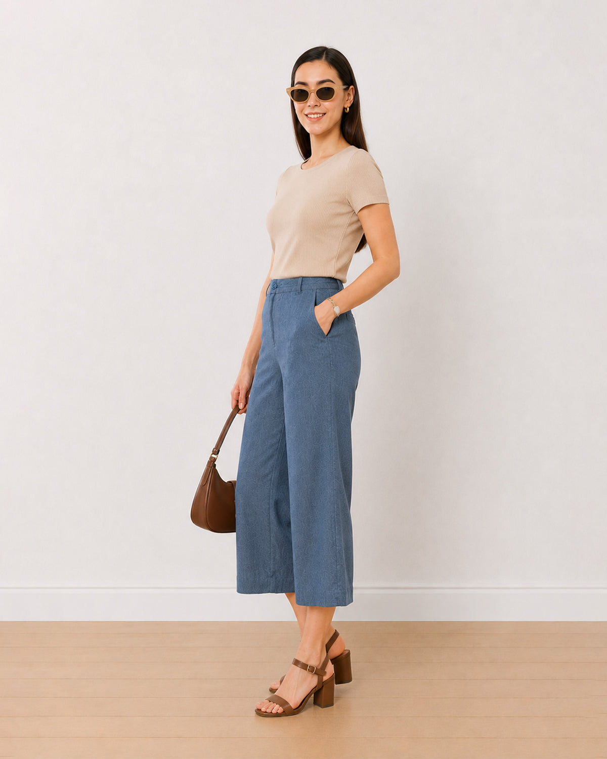 Bliss denim blue tencel chambray 3/4th straight pants, front view at mid calf length