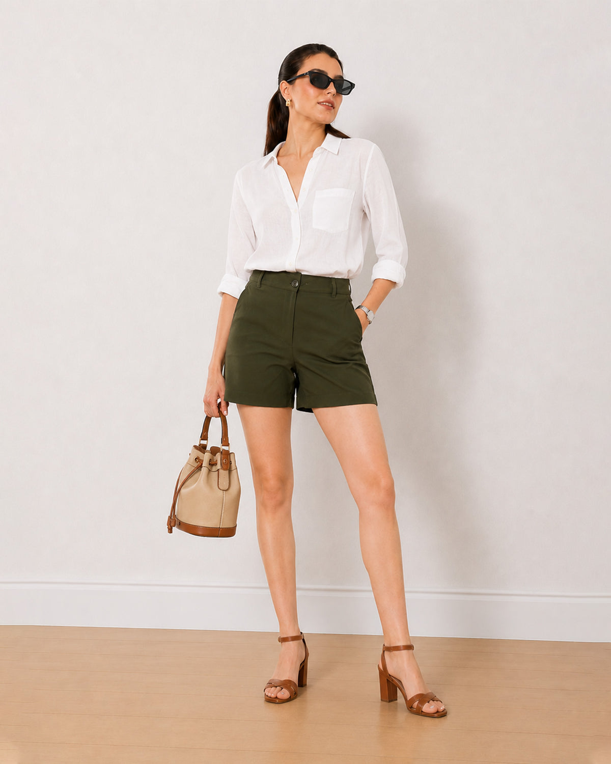 Gazillion Bobby olive green soft touch viscose rayon summer shorts for women, medium waist