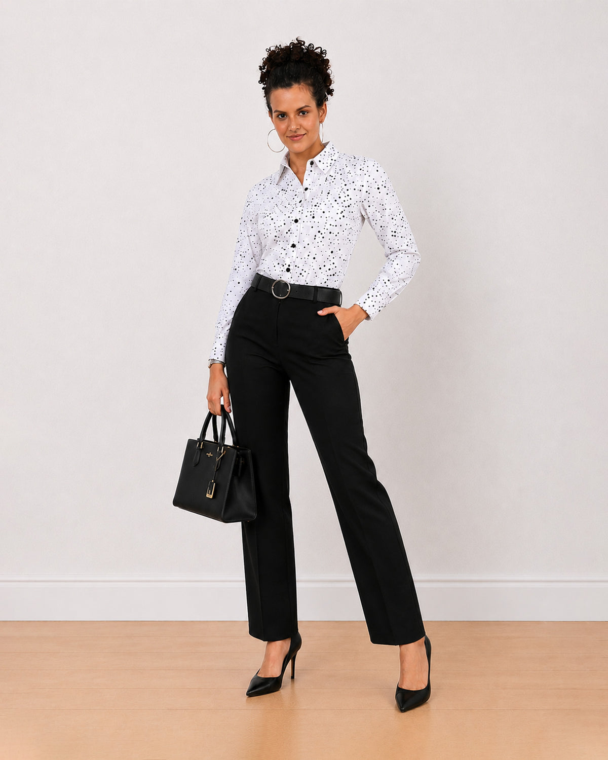 Brenda black and white polka dots print shirt, angled front view with full sleeves