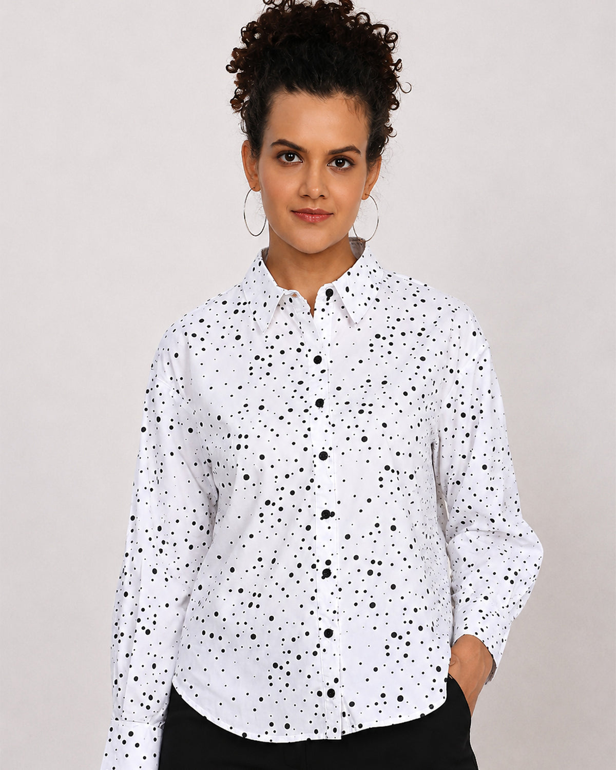 Brenda black and white polka dots cotton shirt front detail with the dignity button placket