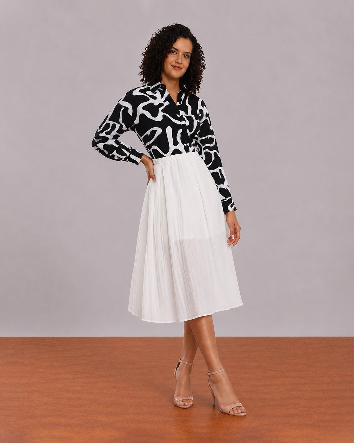 Gazillion Brooke black and white abstract print viscose linen shirt for women, front view