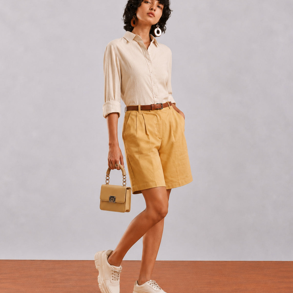 Gazillion Caleb light grey viscose linen formal shirt for women, full-length front view