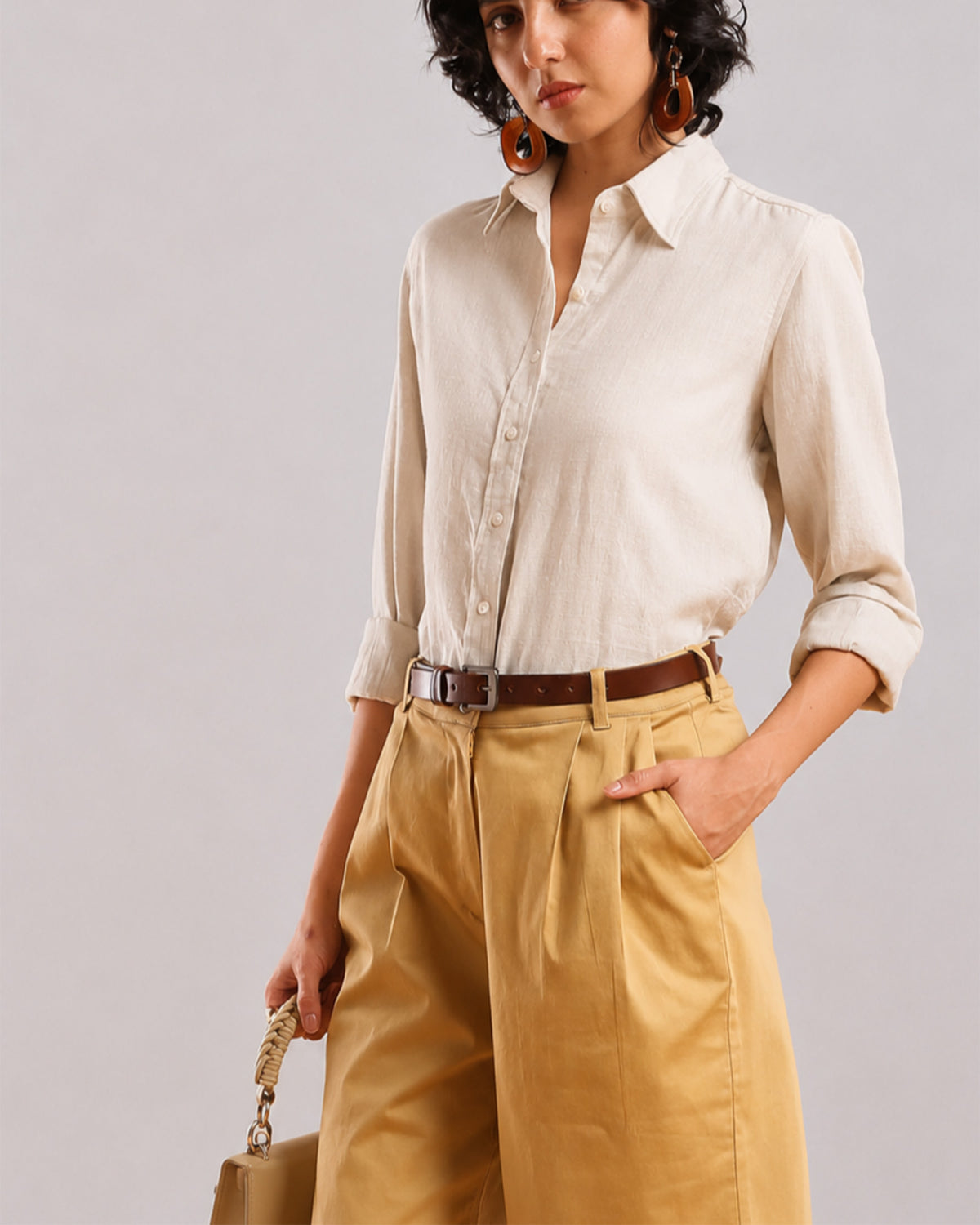 Close-up of Caleb light grey shirt collar, placket and buttons in soft viscose linen