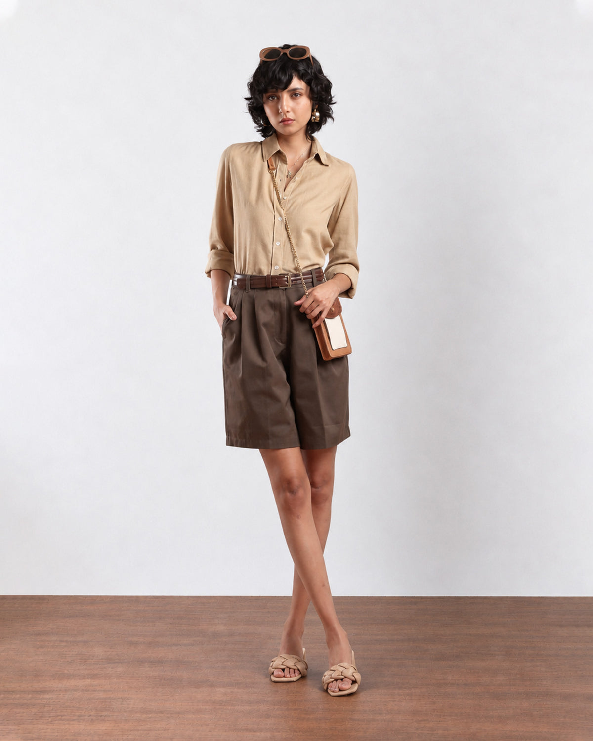Camila olive green knee length city shorts for women, front view with a high waist