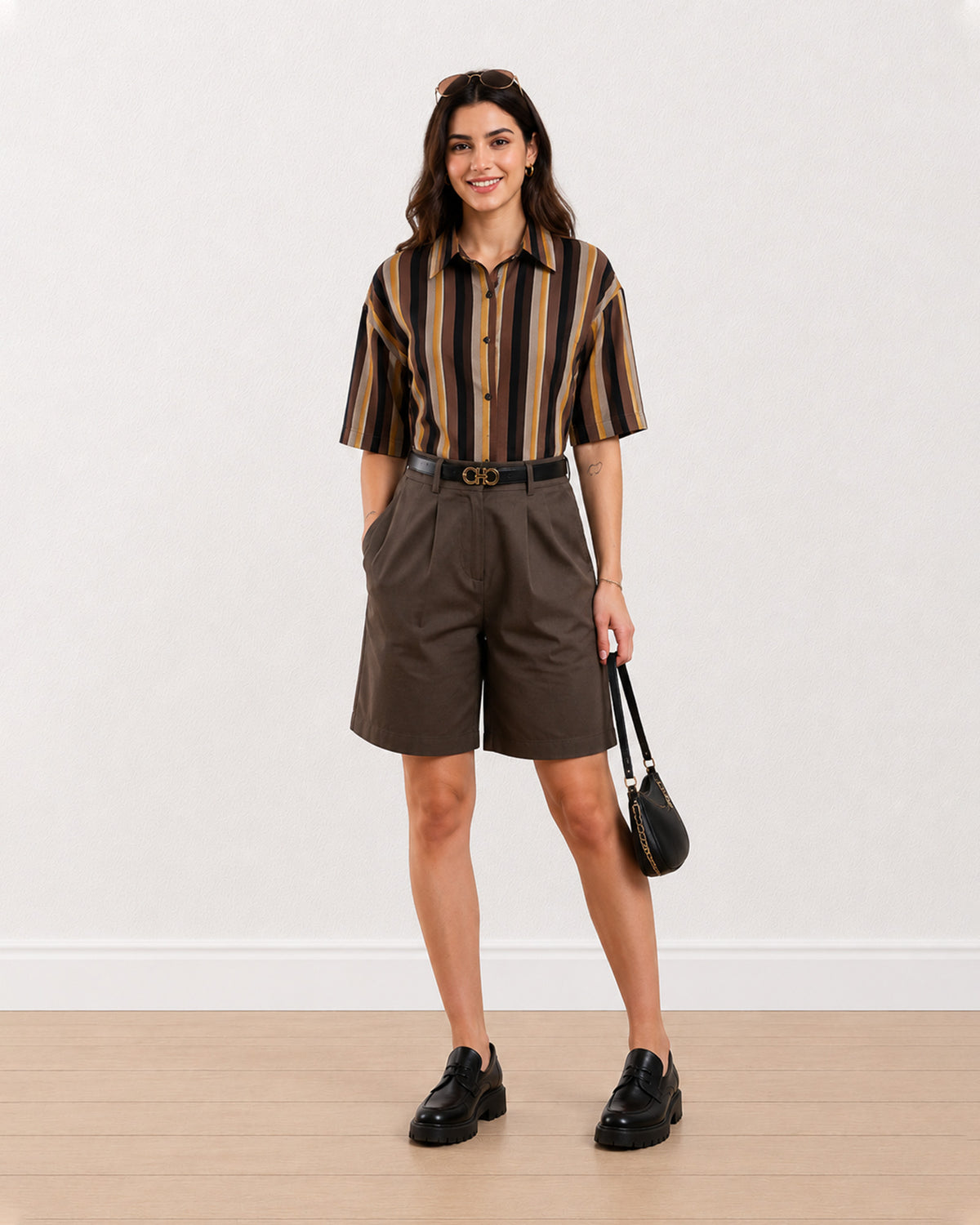 Carter chocolate brown knee length city shorts for women, full length front view