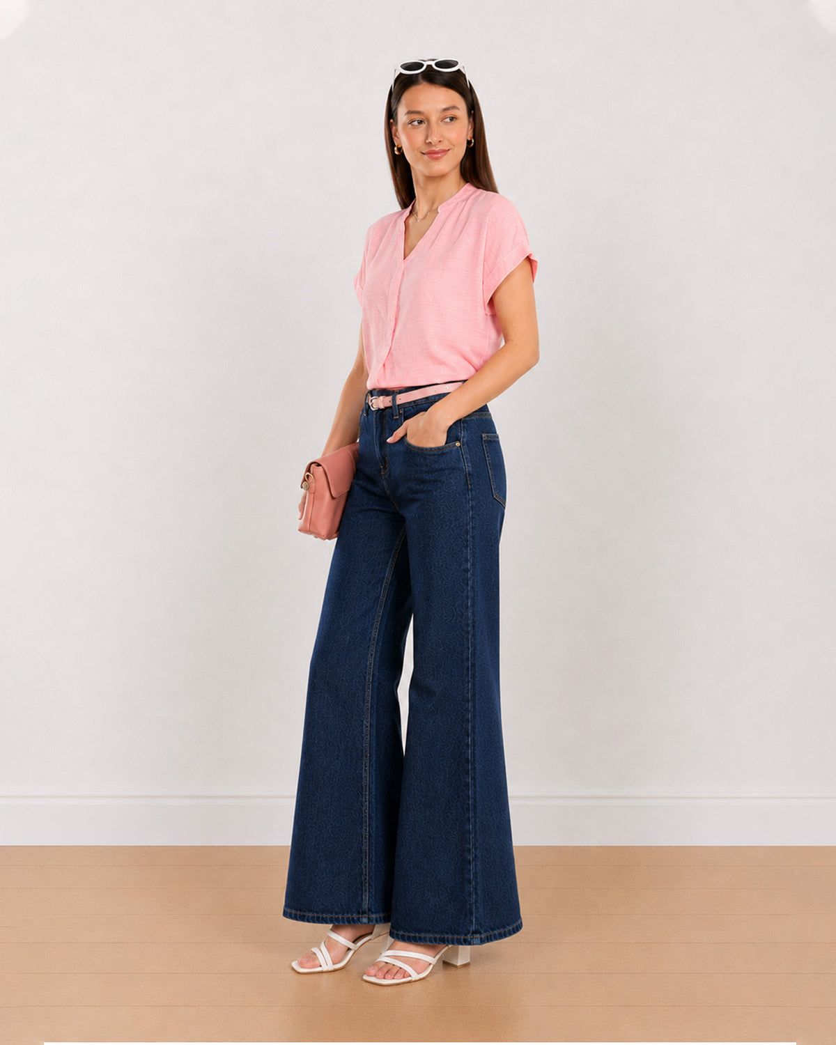 Chloe pink formal top angled front view with stand collar and curved hem