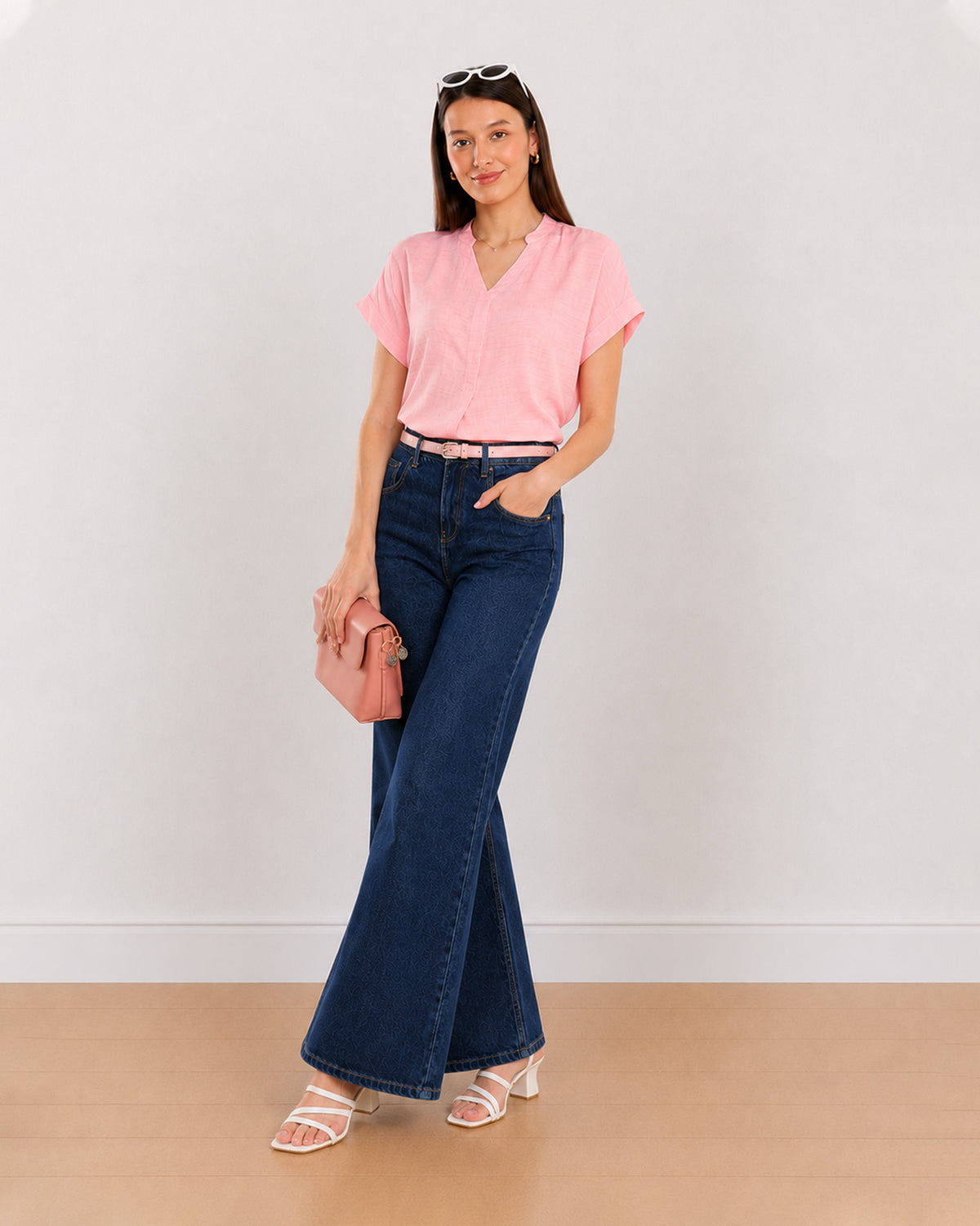 Chloe pink stylish formal top for women, front view with centre front pleat and extended shoulders