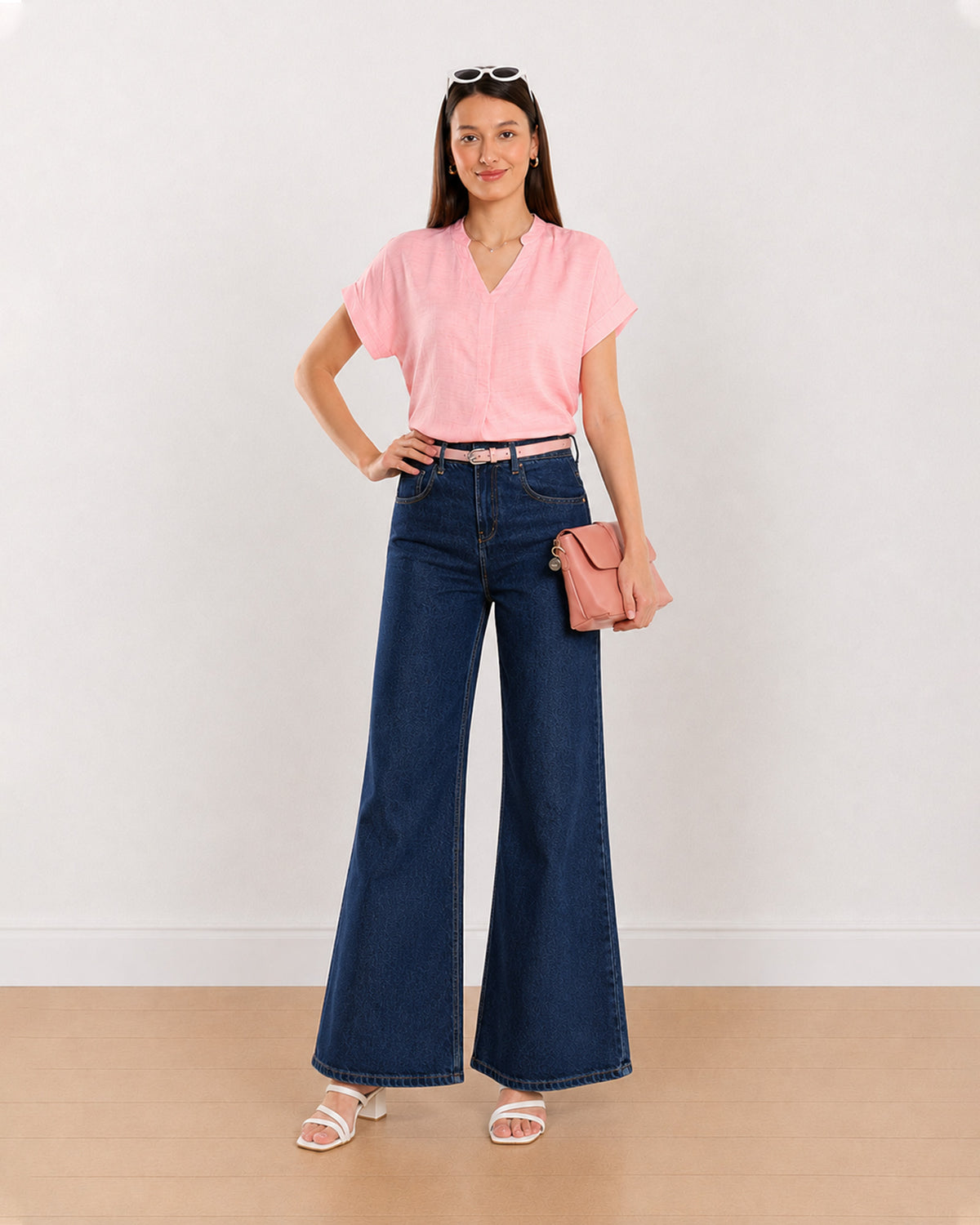 Gazillion Chloe pink stylish formal top for women with a centre front pleat, full-length front view