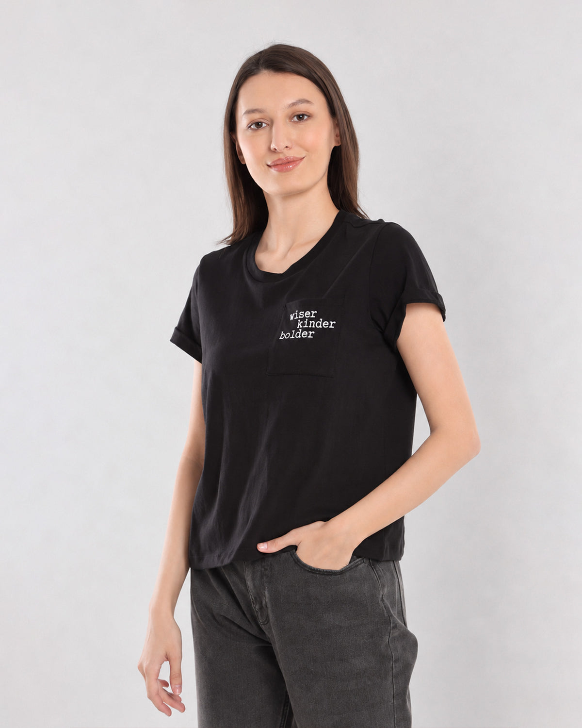 Christiana black loose cotton t-shirt angled view with rolled half sleeves