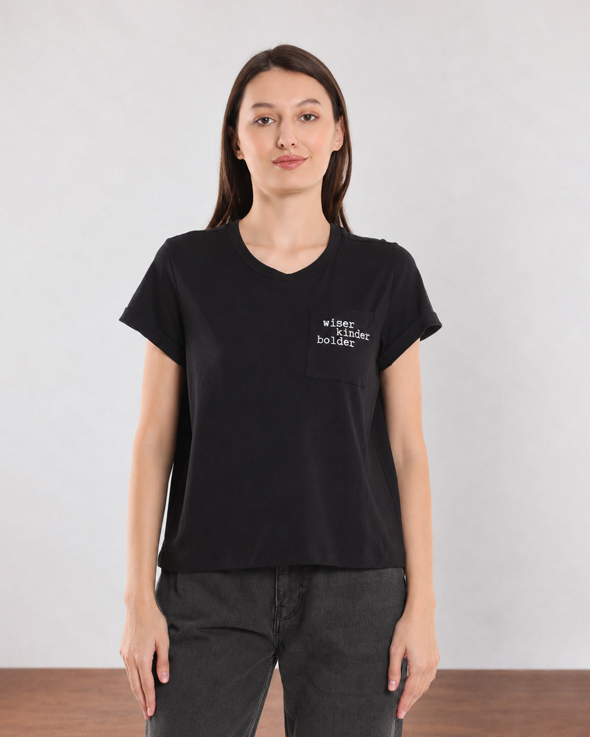 Christiana black t-shirt V-neck and chest pocket print detail in 100% cotton jersey