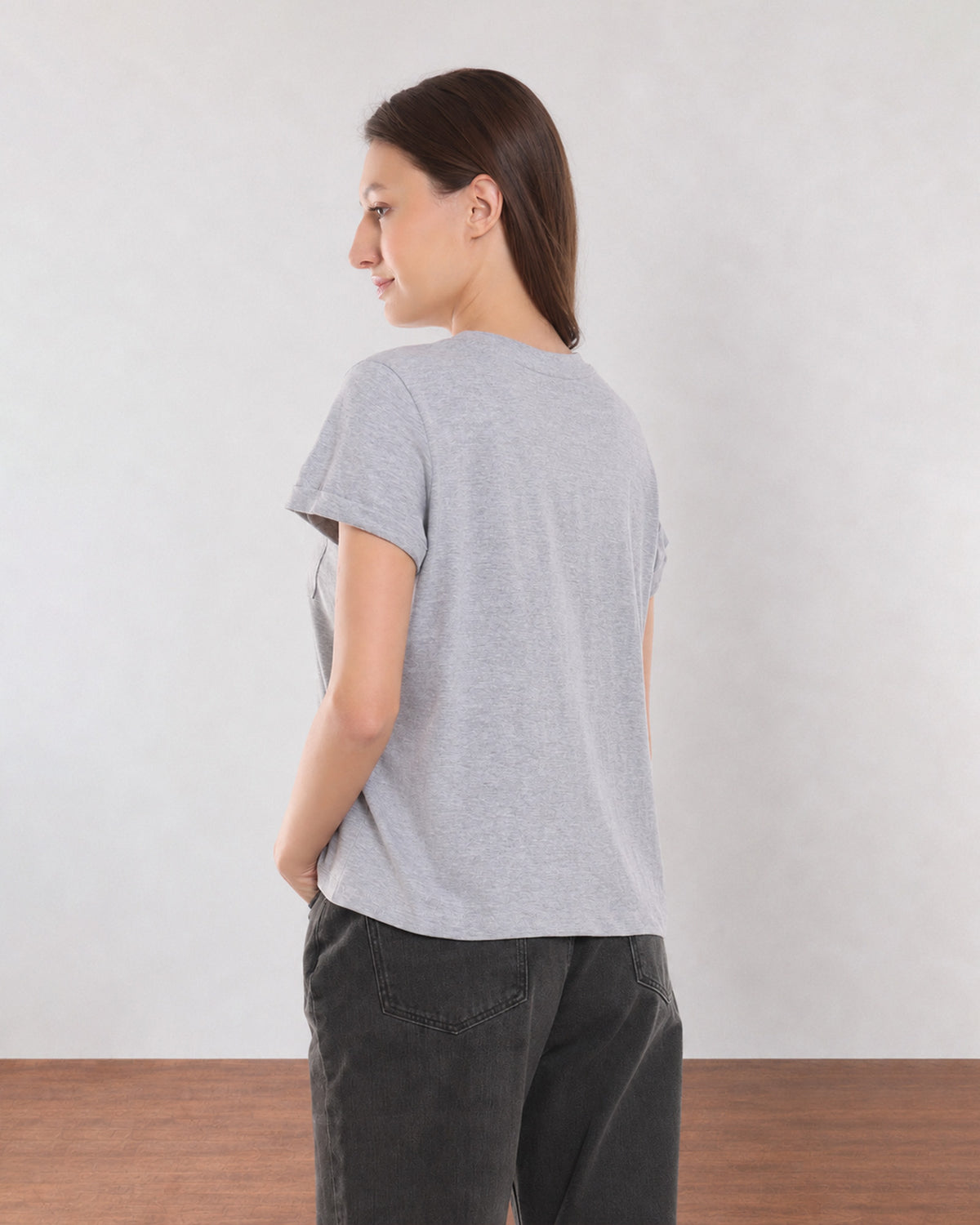 Back view of Christiana grey melange 100% cotton t-shirt showing a plain back